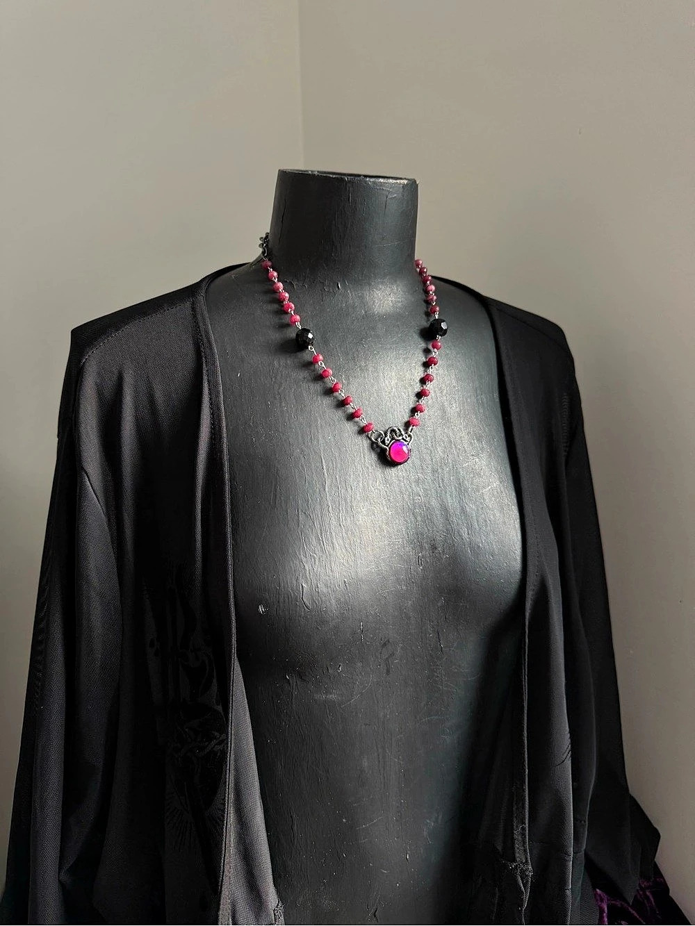 Aurora Opal quartz doublet faceted ruby and obsidian rosary chain with snake